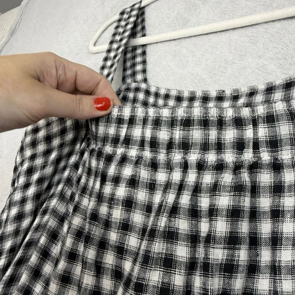 Quince 100% European Linen Square Neck Jumpsuit Large Khaki Black Gingham Preppy